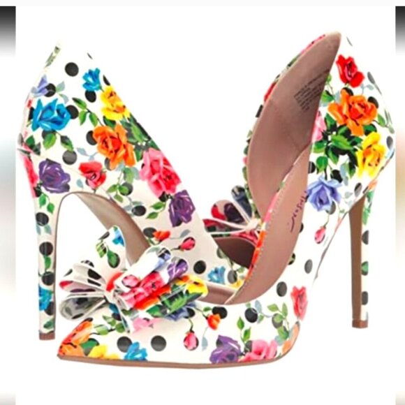 🌸 BETSEY JOHNSON Floral & Polka Dot Pointed Toe Bow Heels Size 7.5 - Picture 2 of 11